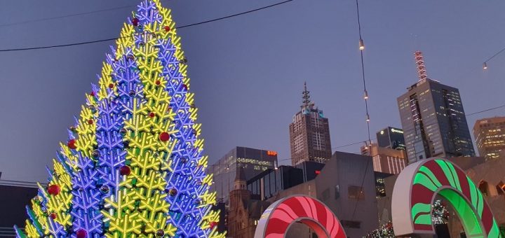 Fed square christmas tree lit up 2